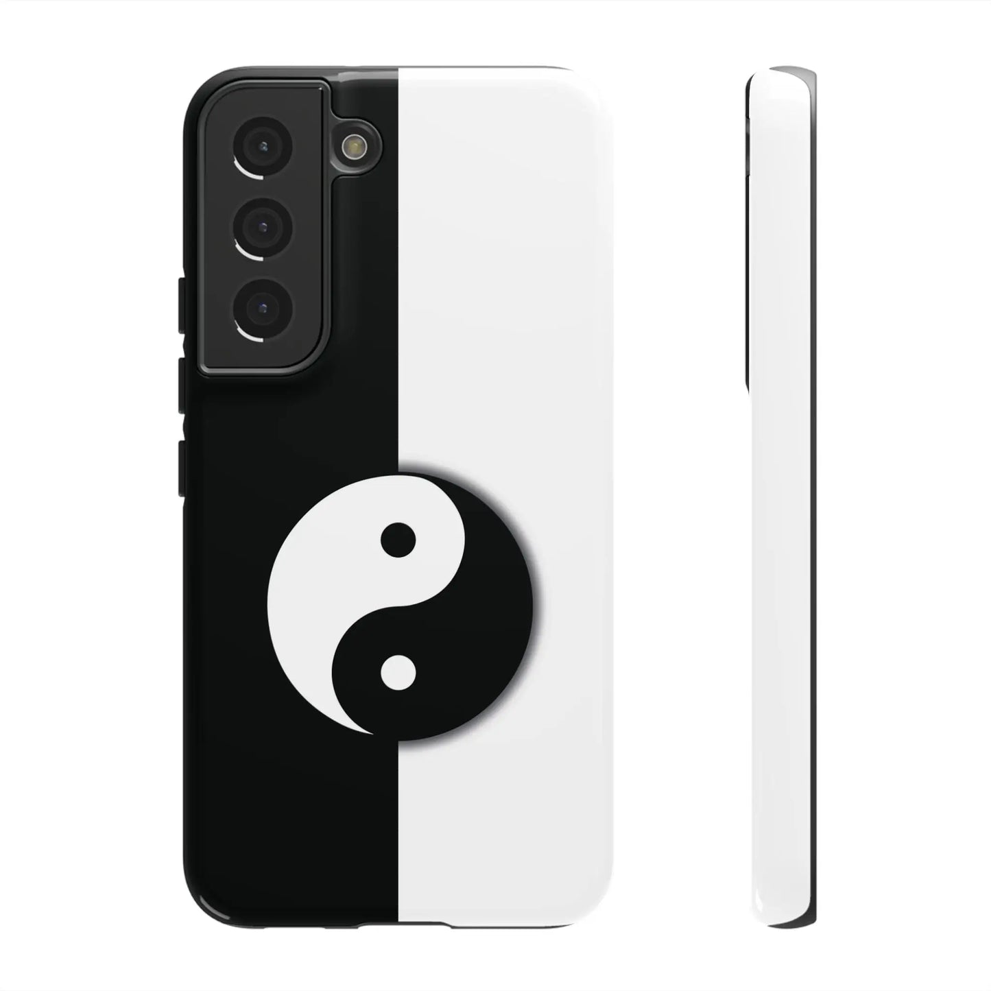 Back side of a tough yin yang black and white phone case featuring a yin yang symbol centered on the split design