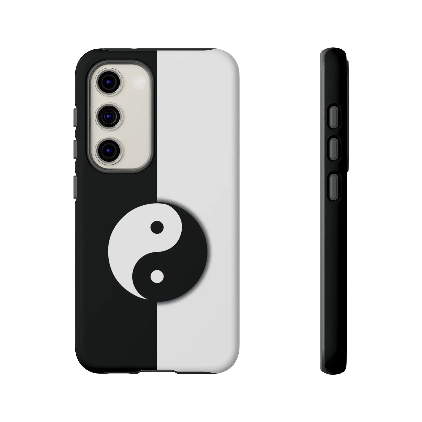 Back side of a sleek yin yang black and white phone case with minimalist design for tough phone protection