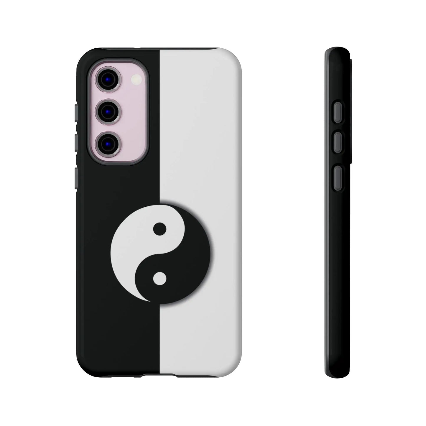 Back side of a yin yang black and white phone case with a sleek minimalist design for tough phone protection
