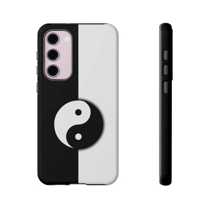 Back side of a yin yang black and white phone case with a sleek minimalist design for tough phone protection