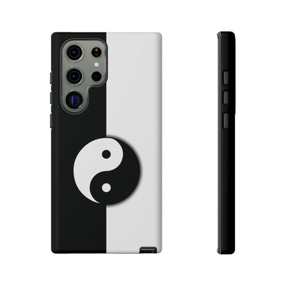 Back side of a sleek black and white yin yang phone case with minimalist design for tough protection