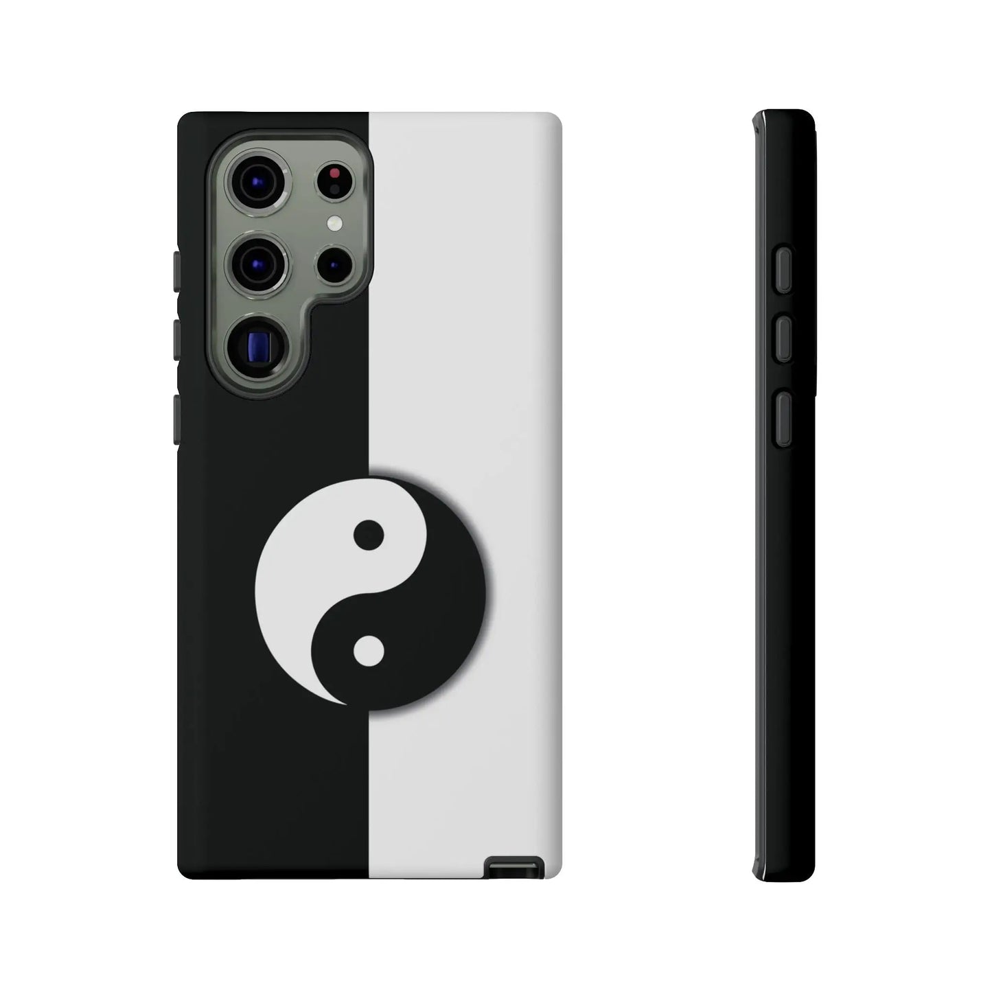 Back side of a sleek minimalist yin yang black and white phone case designed for tough protection