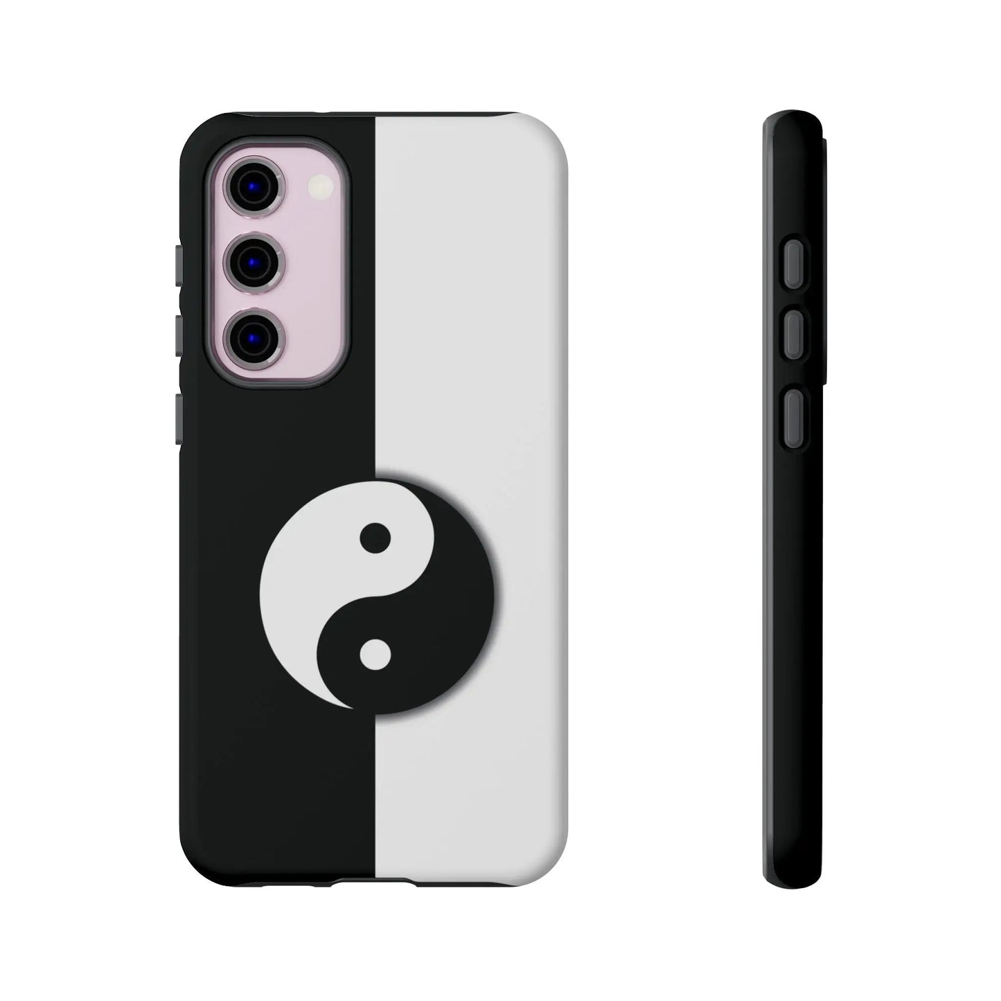 Back side of a sleek minimalist tough phone case featuring black and white yin yang design for yin yang black use