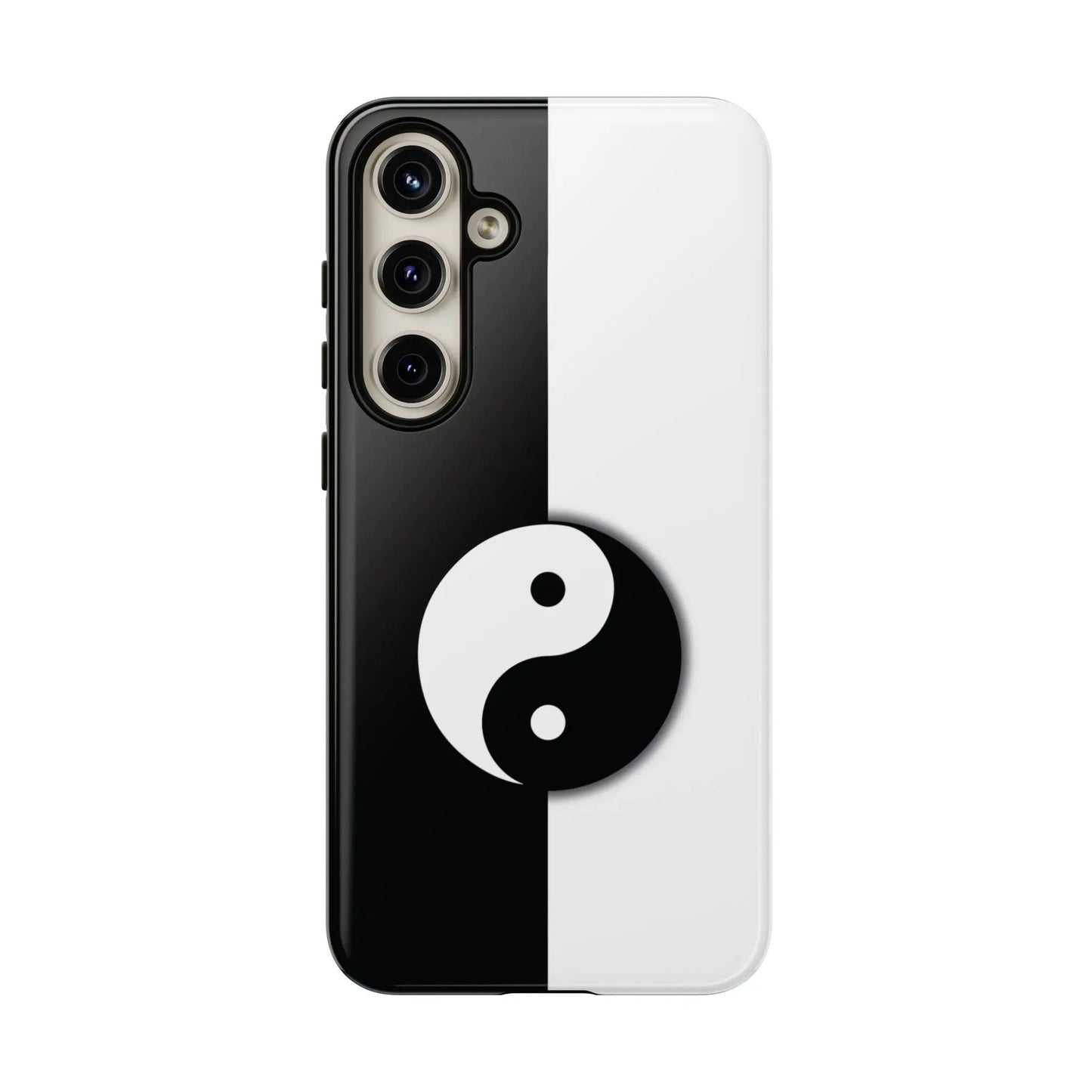 Back side of a glossy yin yang black and white phone case with tough protective design