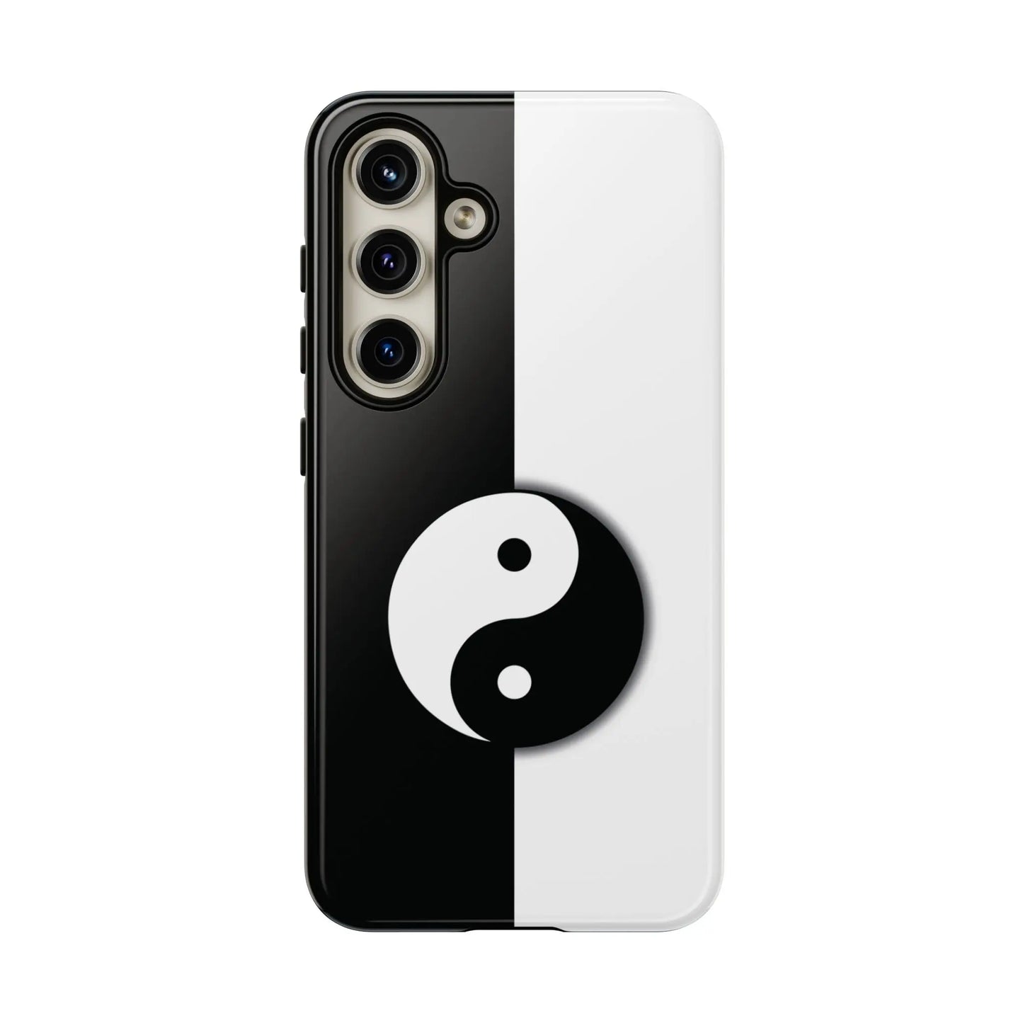 Black and white tough phone case with centered yin yang black symbol on the back side design