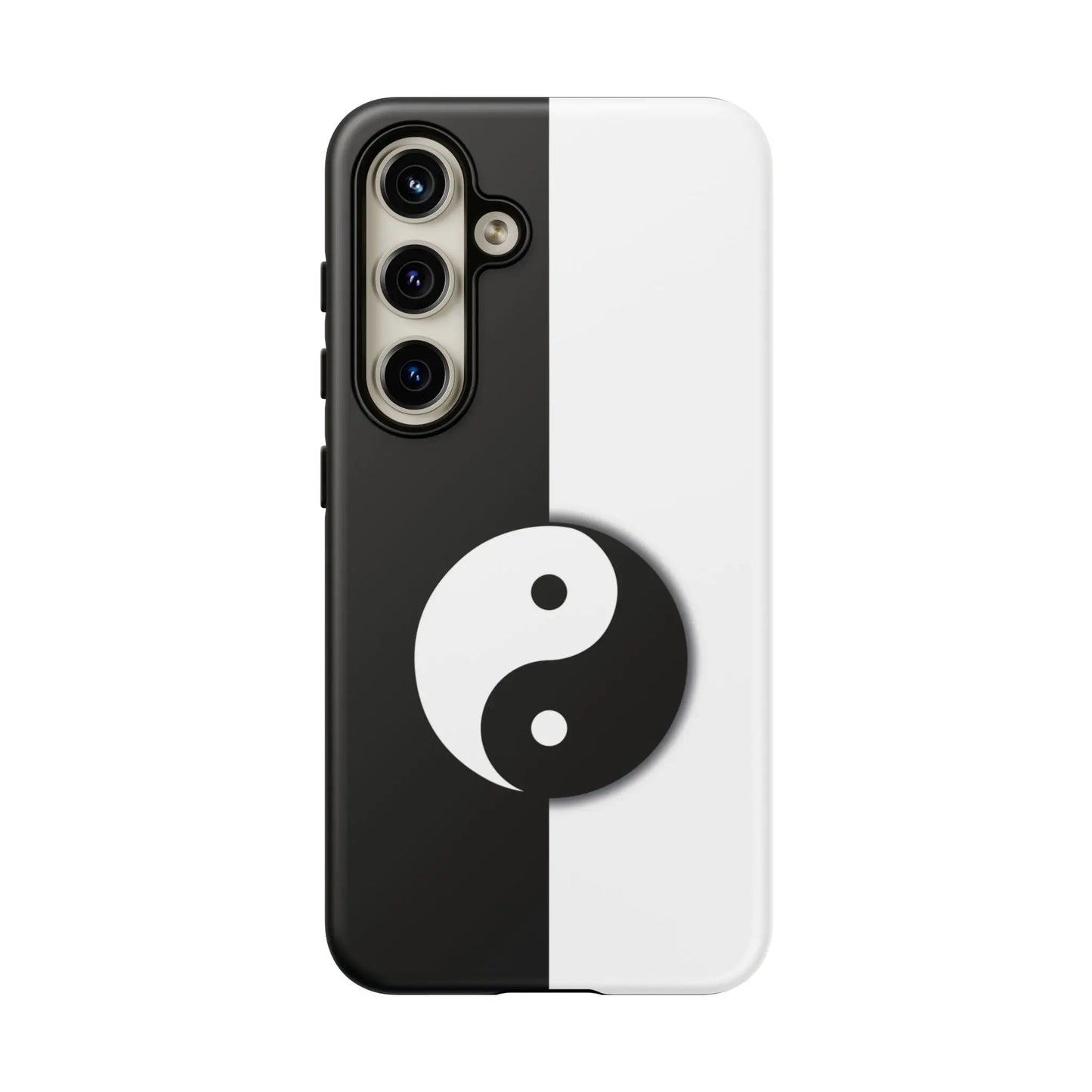 Back of a tough yin yang black and white phone case featuring a centered yin yang symbol on a split design