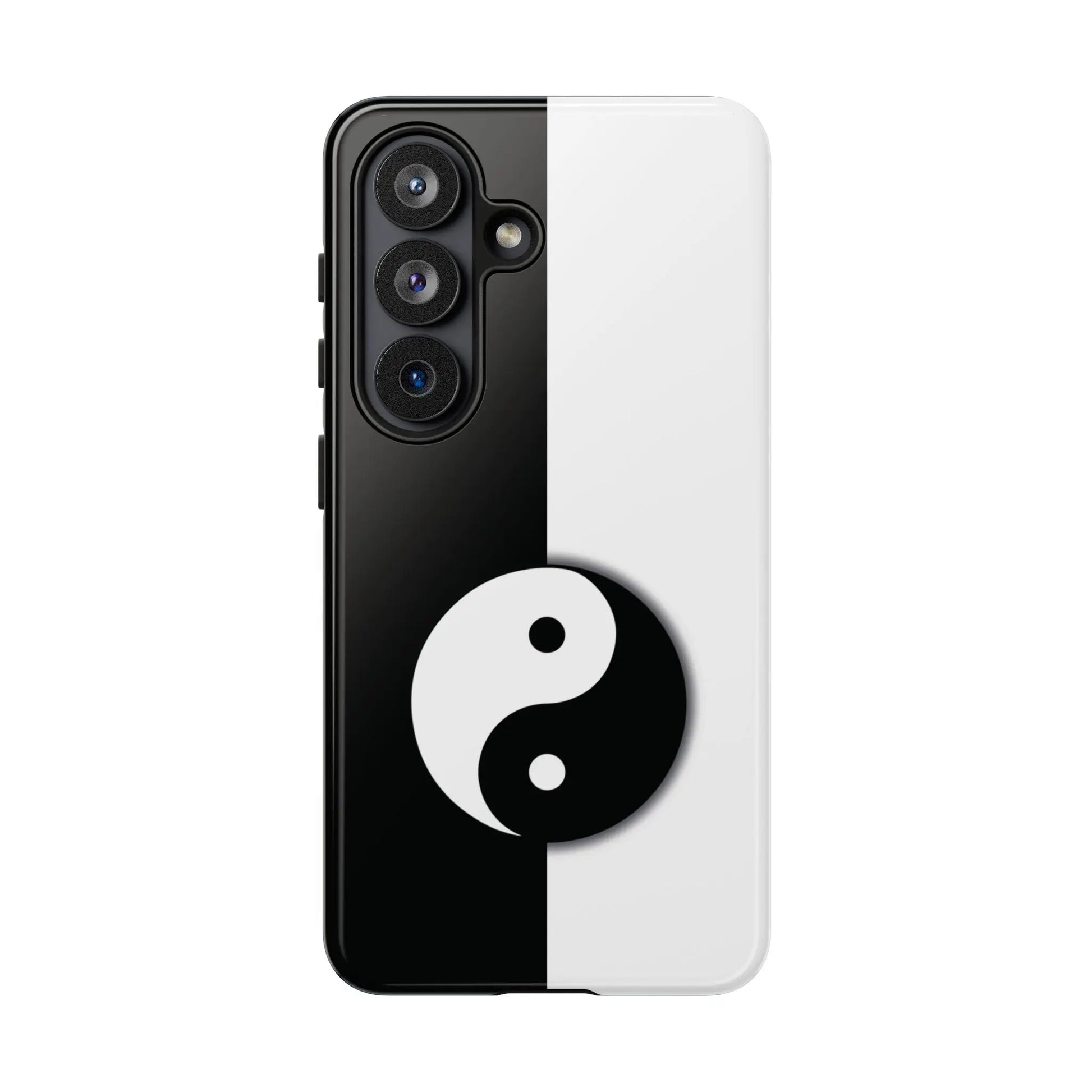 Back of a tough yin yang black and white phone case featuring a centered yin yang symbol on a split design