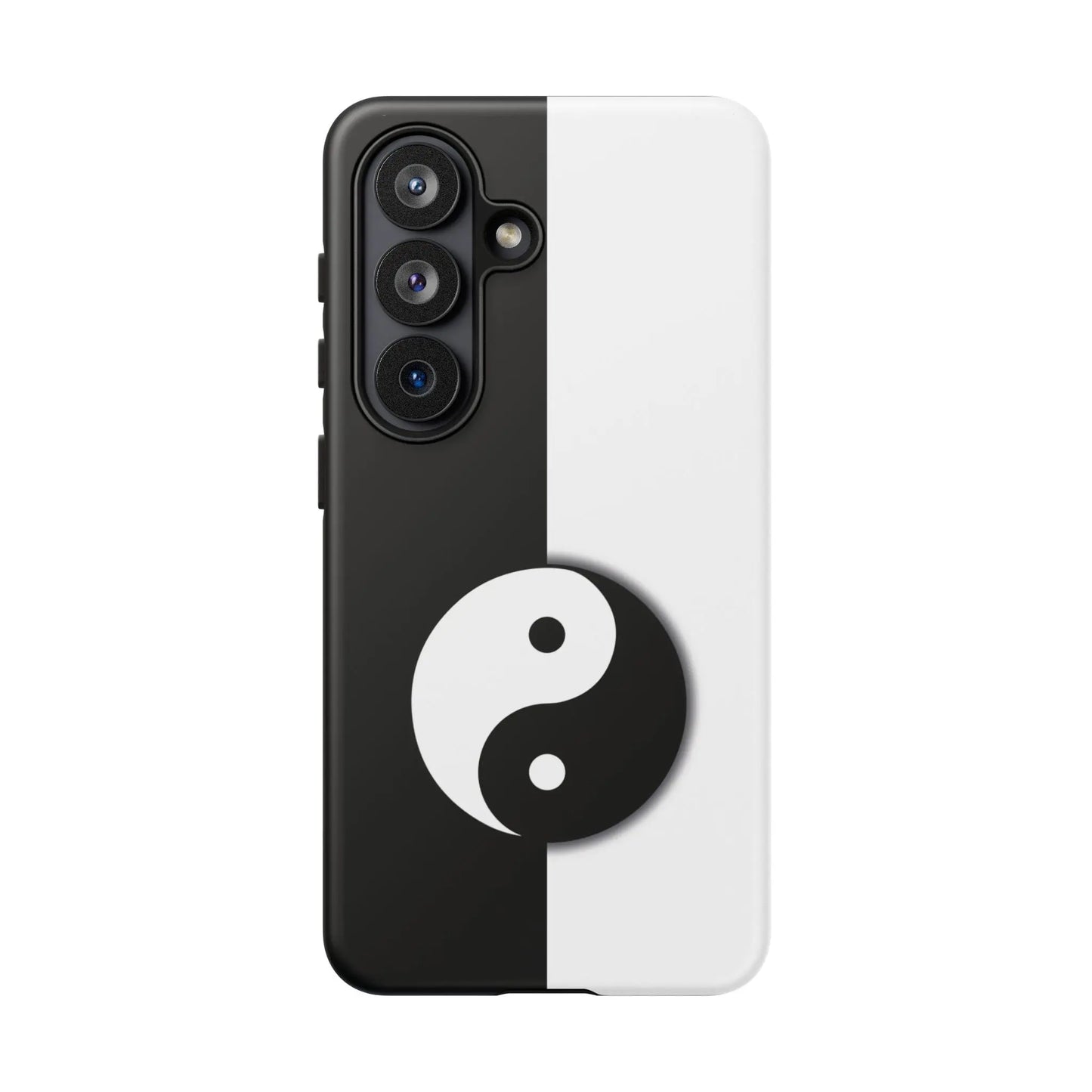 Black and white tough phone case with split yin yang black design centered on the back side dividing line